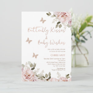 Blush Floral Butterfly Kisses Baby shower Kaart