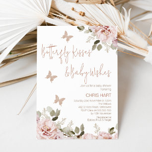 Blush Floral Butterfly Kisses Baby shower Kaart