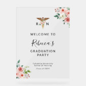 Blush Floral Caduceus Nurse Afstuderen Welkom Acryl Bord (Voorkant)