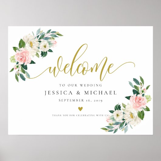 Blush Floral calligrafie Welkomstbord bruiloft Poster (Voorkant)