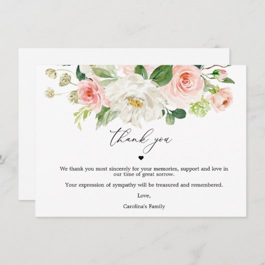 Blush Floral Celebration of Life Dank je kaarten (Voorkant / Achterkant)