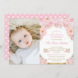 Blush Floral Christening 1e verjaardag Foto Kaart