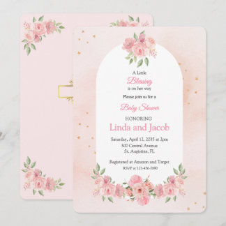 Blush Floral Christian Baby Shower with Gold Cross Kaart