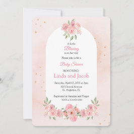 Blush Floral Christian Baby Shower with Gold Cross Kaart