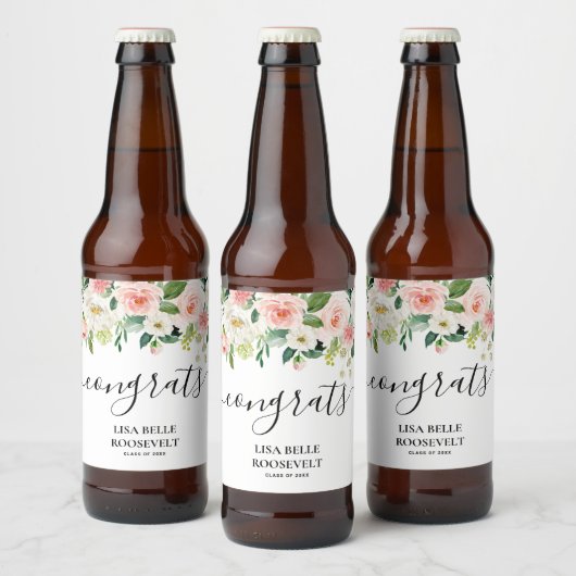 Blush Floral Congrats Girl Afstuderen Bier Etiket (Flessen)