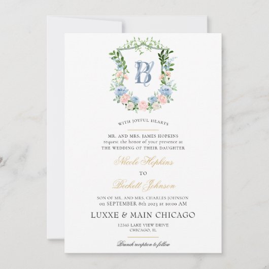 Blush Floral Crest Wedding Kaart (Voorkant)