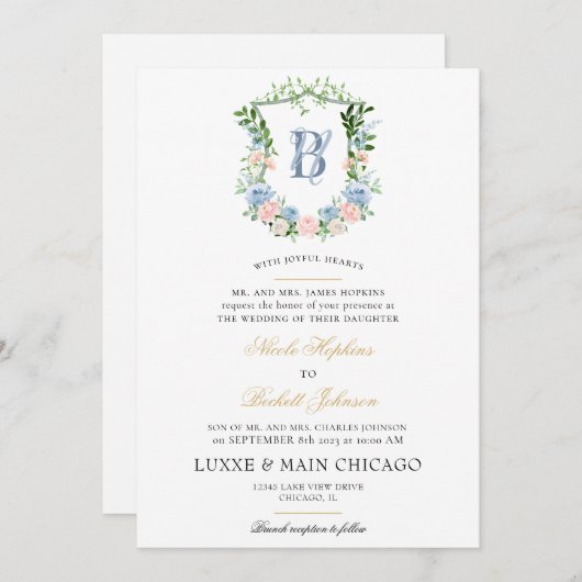 Blush Floral Crest Wedding Kaart (Voorkant / Achterkant)
