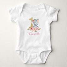 Blush Floral Cute Baby Elephant 1e verjaardag