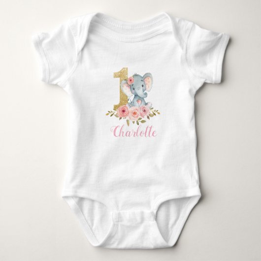 Blush Floral Cute Baby Elephant 1e verjaardag Romper (Voorkant)
