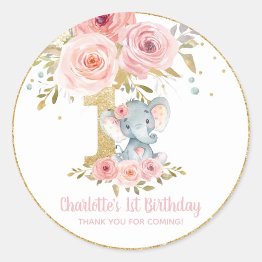 Blush Floral Cute Elephant 1e verjaardag Ronde Sticker (Voorkant)