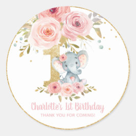Blush Floral Cute Elephant 1e verjaardag Ronde Sticker