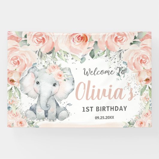 Blush Floral Cute Elephant 1st Birthday Backdrop Spandoek (Horizontaal)