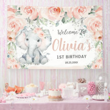 Blush Floral Cute Elephant 1st Birthday Backdrop