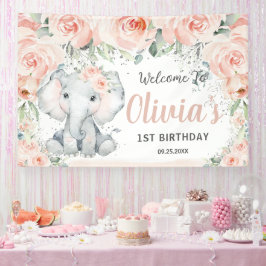 Blush Floral Cute Elephant 1st Birthday Backdrop Spandoek