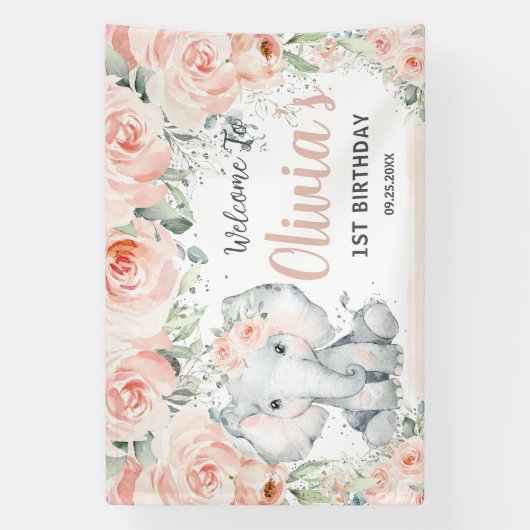 Blush Floral Cute Elephant 1st Birthday Backdrop Spandoek (Verticaal)