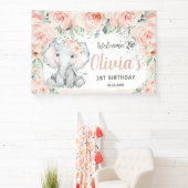 Blush Floral Cute Elephant 1st Birthday Backdrop Spandoek (Insitu)