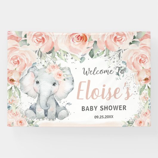 Blush Floral Cute Elephant Baby shower Backdrop Spandoek (Horizontaal)