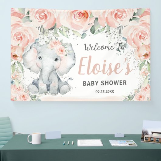 Blush Floral Cute Elephant Baby shower Backdrop Spandoek (Beurs)