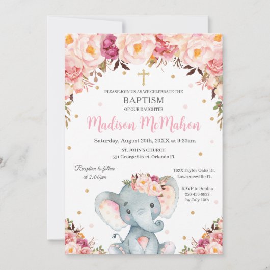 Blush Floral Cute Elephant Christening Baptisme Kaart (Voorkant)