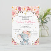 Blush Floral Cute Elephant Christening Baptisme Kaart (Staand voorkant)