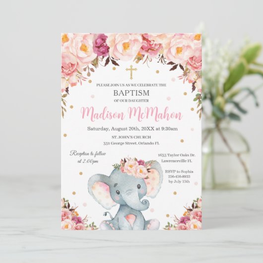 Blush Floral Cute Elephant Christening Baptisme Kaart (Staand voorkant)