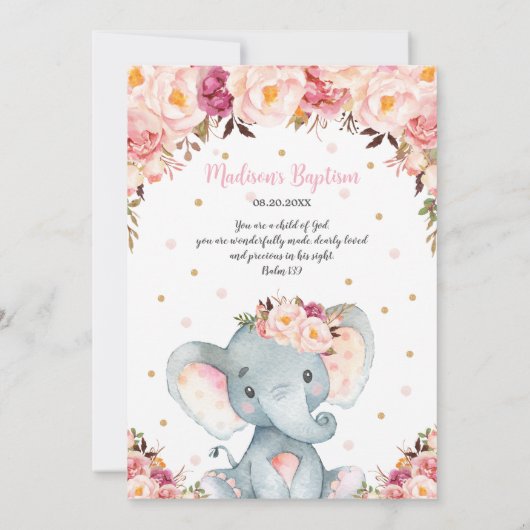 Blush Floral Cute Elephant Christening Baptisme Kaart (Achterkant)