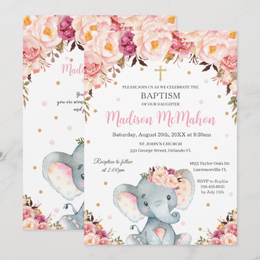 Blush Floral Cute Elephant Christening Baptisme Kaart (Voorkant / Achterkant)