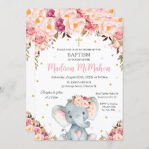 Blush Floral Cute Elephant Christening Baptisme
