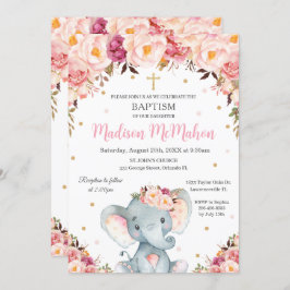 Blush Floral Cute Elephant Christening Baptisme Kaart