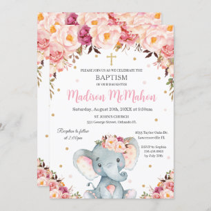 Blush Floral Cute Elephant Christening Baptisme Kaart