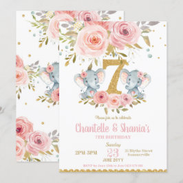 Blush Floral Cute Elephant Twin Girls 7e verjaarda Kaart