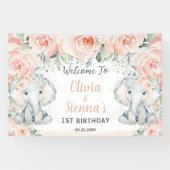 Blush Floral Cute Elephant Twins Birthday Backdrop Spandoek (Horizontaal)