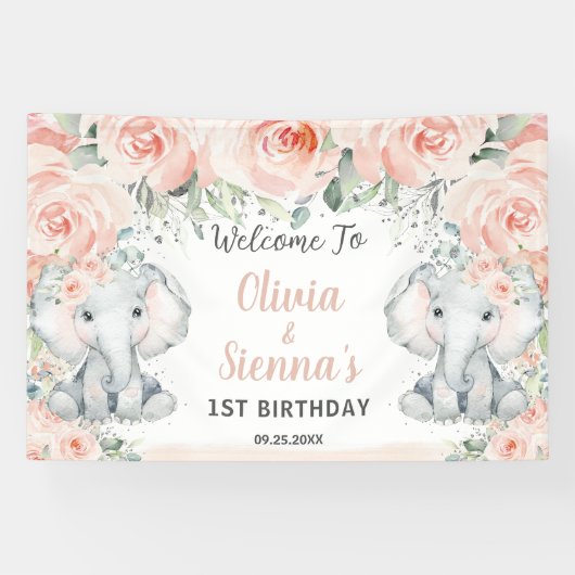 Blush Floral Cute Elephant Twins Birthday Backdrop Spandoek (Horizontaal)