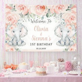 Blush Floral Cute Elephant Twins Birthday Backdrop Spandoek