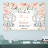Blush Floral Cute Elephant Twins Birthday Backdrop Spandoek (Beurs)