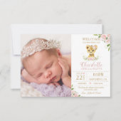 Blush Floral Cute Lion Cub New Baby Foto Birth Aankondiging (Voorkant)
