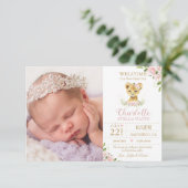 Blush Floral Cute Lion Cub New Baby Foto Birth Aankondiging (Staand voorkant)