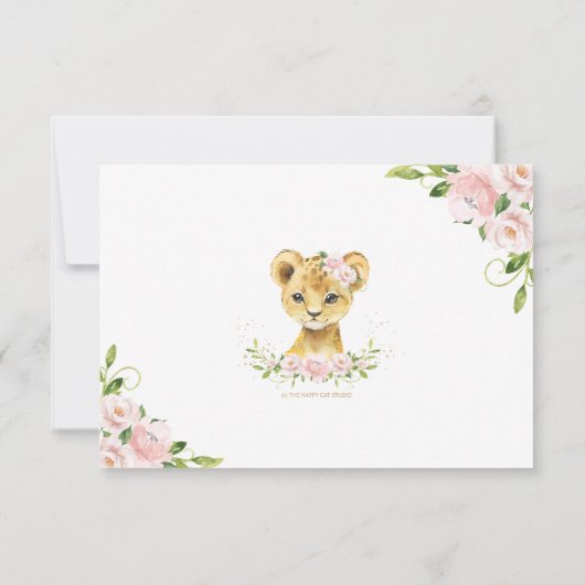 Blush Floral Cute Lion Cub New Baby Foto Birth Aankondiging (Achterkant)