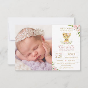 Blush Floral Cute Lion Cub New Baby Foto Birth Aankondiging