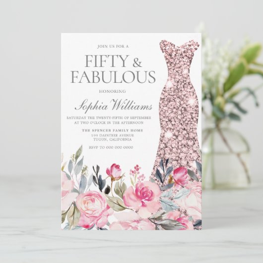 Blush Floral Dress 50 & Fabulous 50th Birthday Kaart (Staand voorkant)