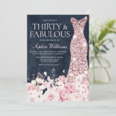 Blush Floral & Dress Navy 30th Birthday Party Kaart (Staand voorkant)