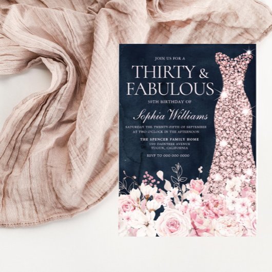 Blush Floral & Dress Navy 30th Birthday Party Kaart