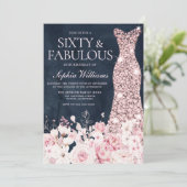 Blush Floral & Dress Navy 60th Birthday Party Kaart (Staand voorkant)
