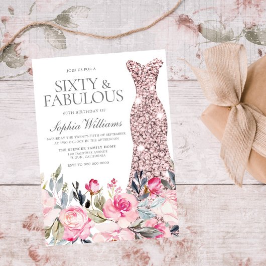 Blush Floral Dress Sixty & Fabulous 60th Birthday Kaart
