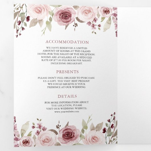 Blush Floral Dusty Roos Ampersand QR Code Bruiloft Drieluik Uitnodiging (Binnenzijde eerst)