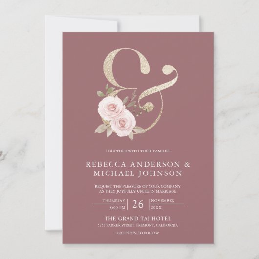 Blush Floral Dusty Roos Ampersand Wedding Kaart (Voorkant)