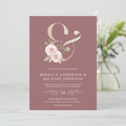 Blush Floral Dusty Roos Ampersand Wedding Kaart (Staand voorkant)