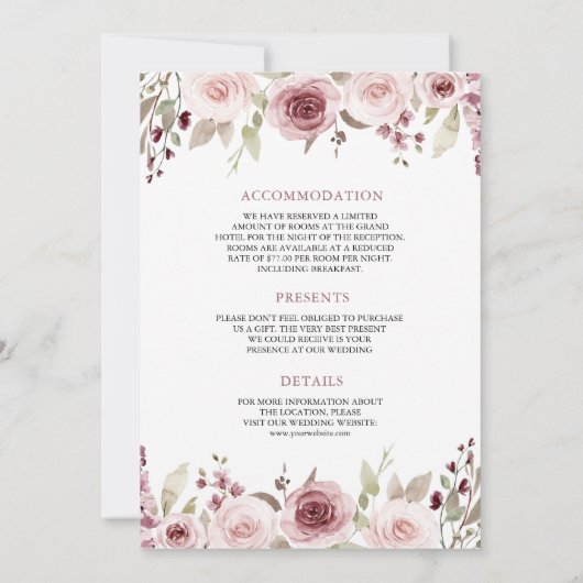 Blush Floral Dusty Roos Ampersand Wedding Kaart (Achterkant)