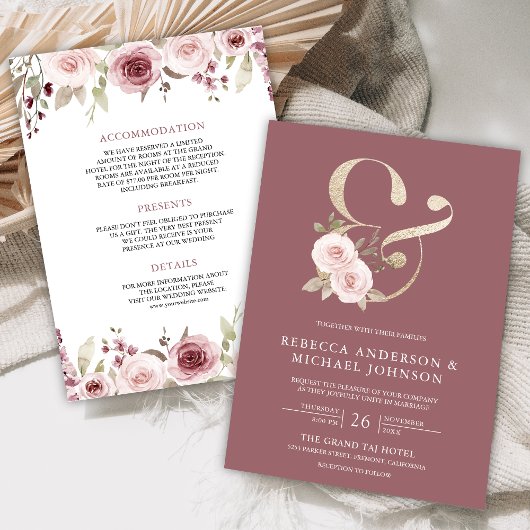 Blush Floral Dusty Roos Ampersand Wedding Kaart
