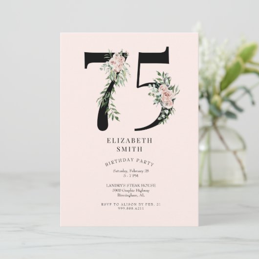 Blush Floral Elegant 75ste Verjaardagsfeest Kaart (Staand voorkant)